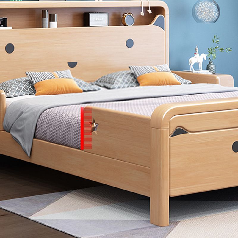 Solid Wood Platform Bed Natural Rubberwood Kids Bed with Headboard and Guardrail