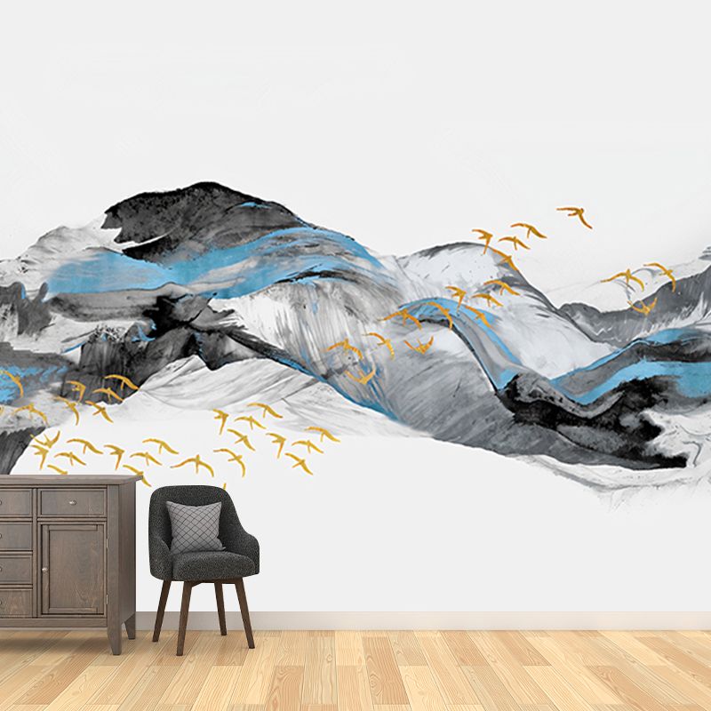 Full Size Chinese Mural Wallpaper Blue and Grey Wild Goose and Veil Wall Covering, Customized Size Available