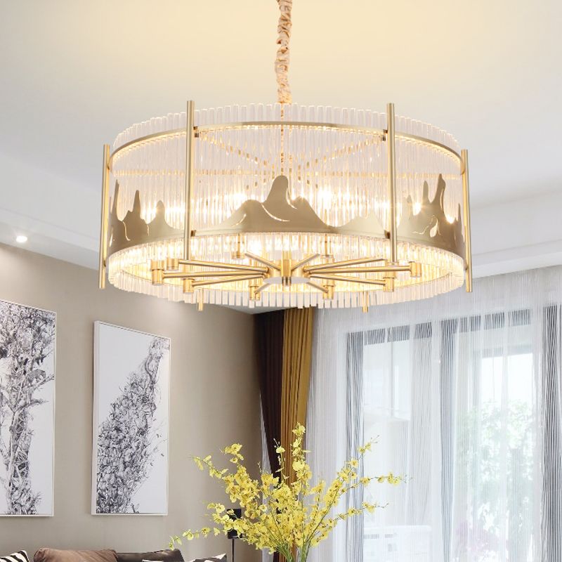 Round Chandelier Lamp Traditional Prismatic Glass 10-Light Gold Ceiling Pendant Light with Mountain Pattern