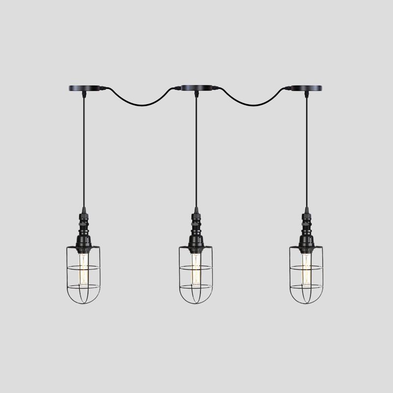 3/5/7-Head Iron Tandem Multi Ceiling Light Rustic Black Finish Wire Cage Restaurant Pendulum Lamp