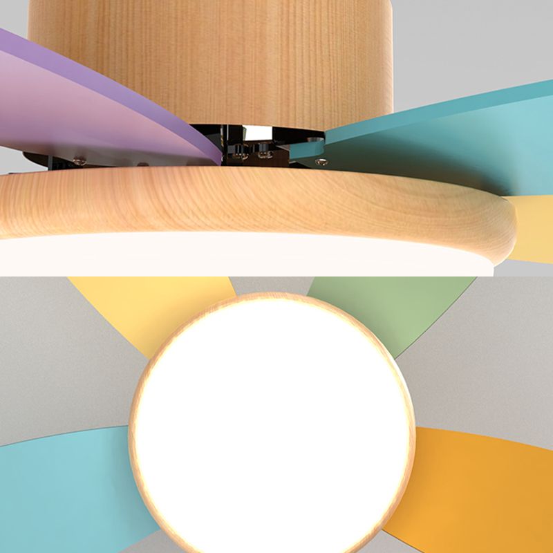 5-Blade Round Pendant Fan Light Macaron Wooden Semi Flush Mounted Lamp for Bedroom