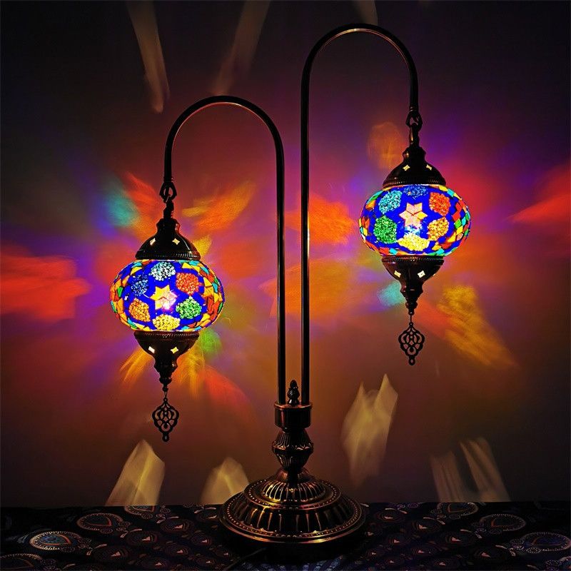 2 Heads Stained Glass Night Light Traditional White/Yellow/Orange Oval/Cup-Shape Bedside Table Lamp