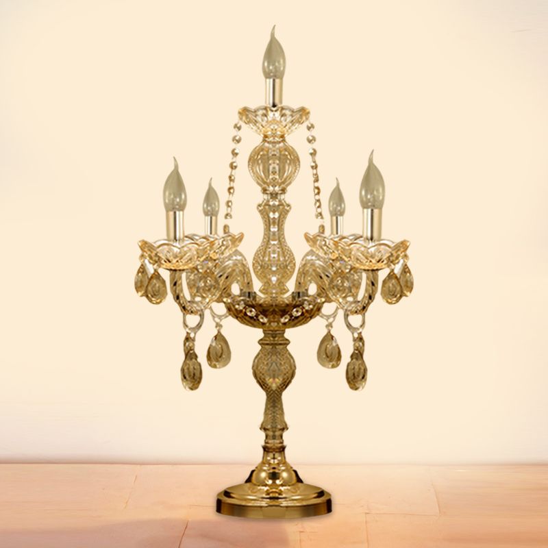 5/6 Heads Candelabra Table Light Traditional Gold Crystal Droplets Nightstand Lamp with/without White Bell Fabric Shade