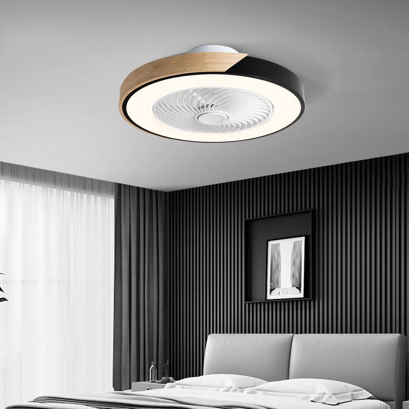 Nordic Geometric Ceiling Fan Light Fixture Metal Bedroom LED Semi Flush Mount with Wood Decor