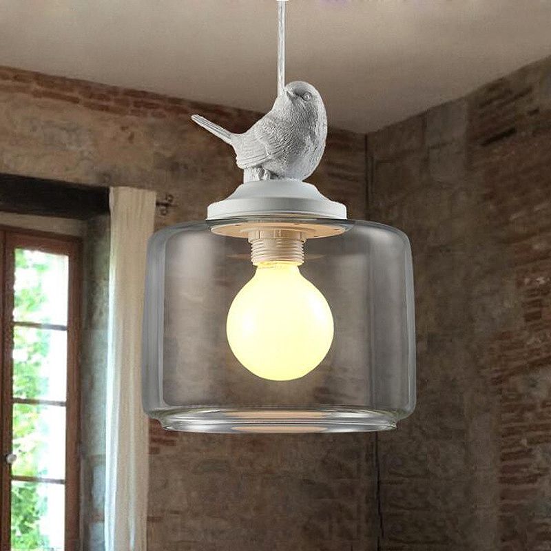 Drum Pendant Light Fixture Contemporary Clear Glass 1 Head Restaurant Hanging Lamp with Bird Decoration