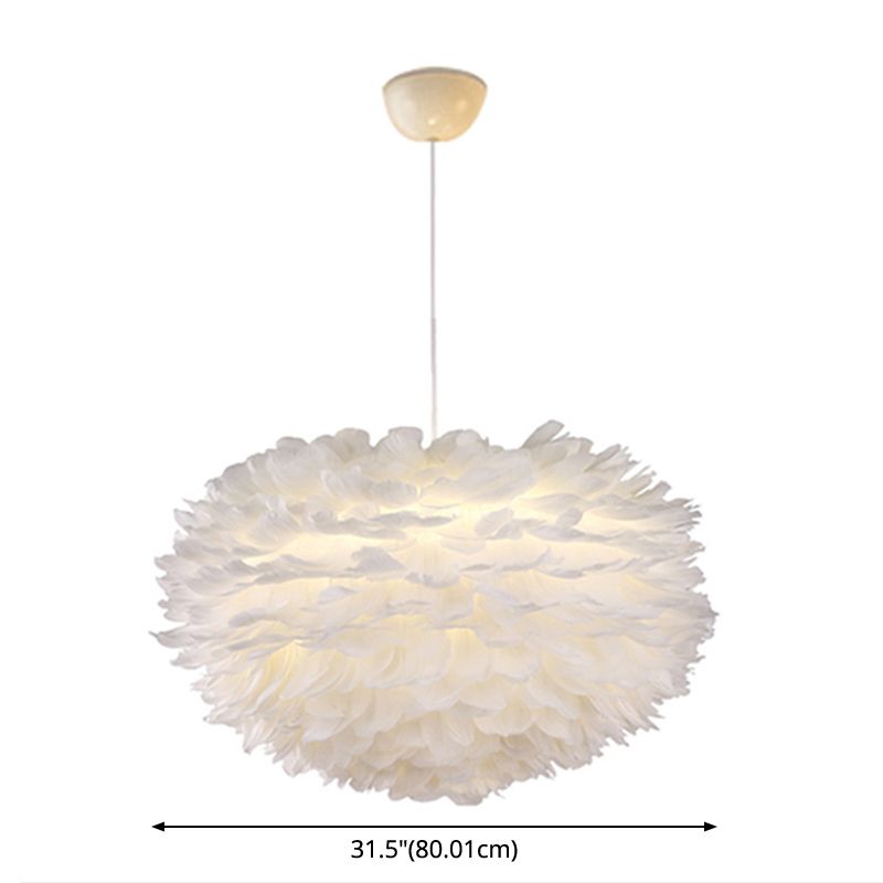 White Globe Shaped Hanging Chandelier Nordic Style Feather Suspended Lighting Fixture