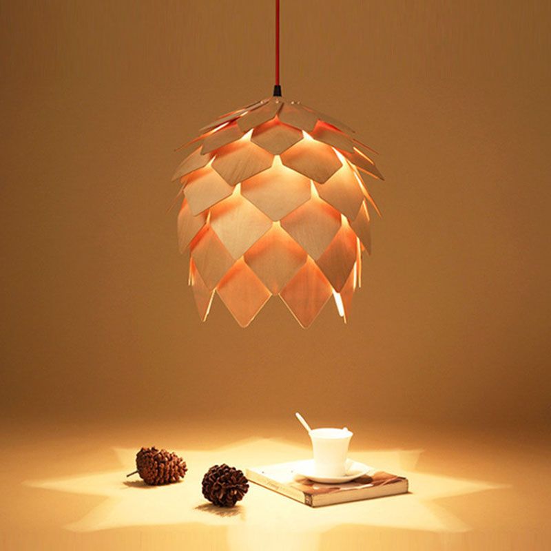 Decorative 1 Bulb Pendulum Light Beige Pipecone Shaped Pendant with Wooden Shade