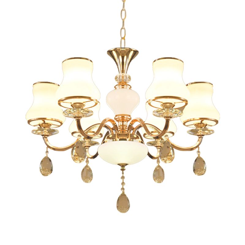 Champagne Bell Hanging Chandelier Simple Opal Glass 6-Light Bedroom Crystal Ceiling Light