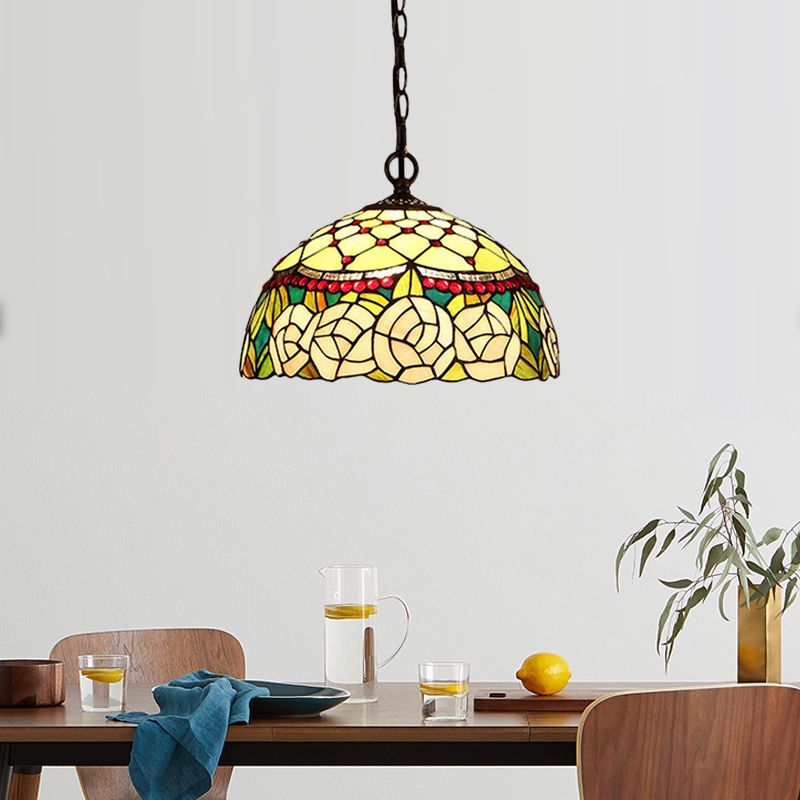 1/2 lumières Cuisine Chandelier Pendant Light Light Méditerranéen Bronze Plafond Lampe à teinte en verre rouge / jaune en dôme, 12 "/ 16" W