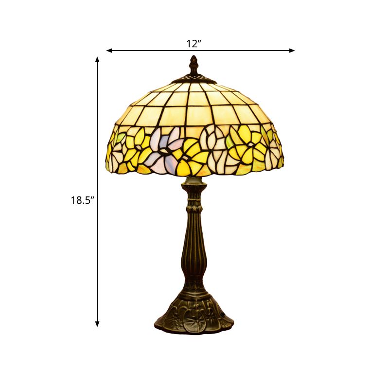 Bronze Gridded Bowl Shade Night Lamp Tiffany 1 Bulb Cut Glass Table Lighting with Flower-Border