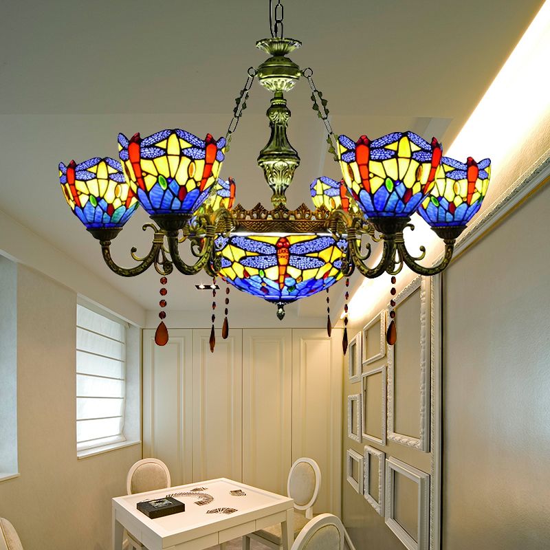 Chandeliers for Living Room, Dragonfly Pendant Ceiling Lamp with Stained Glass Shade and Amber Crystal Decoration