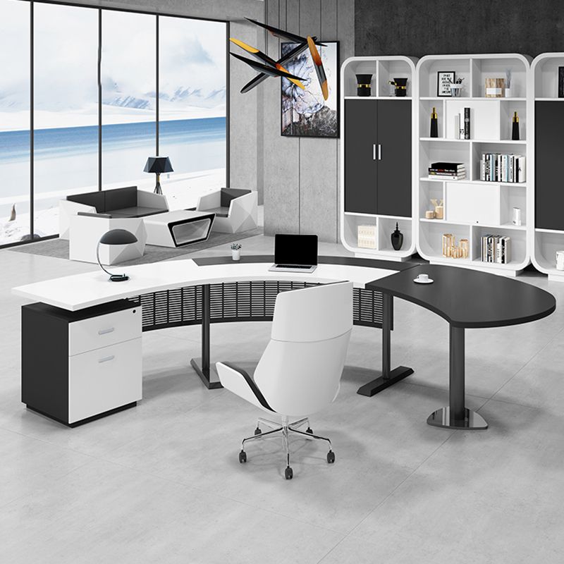 Half Circle Shaped Slate Office Desk White and Black Writing Desk for Office