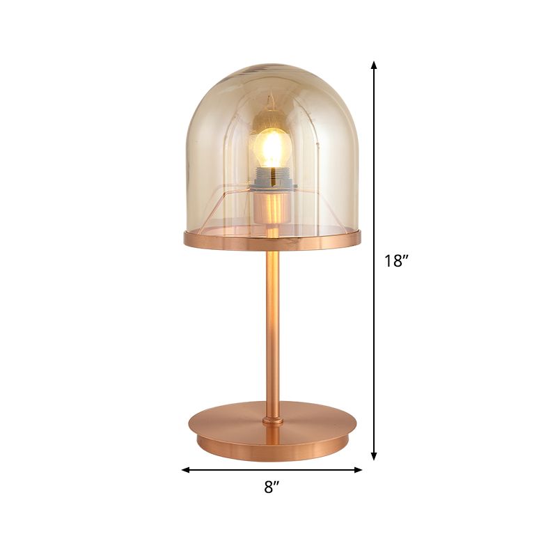 1-Head Restaurant Night Lamp Modernism Rose Gold Metal Table Lighting with Dome Amber Glass Shade