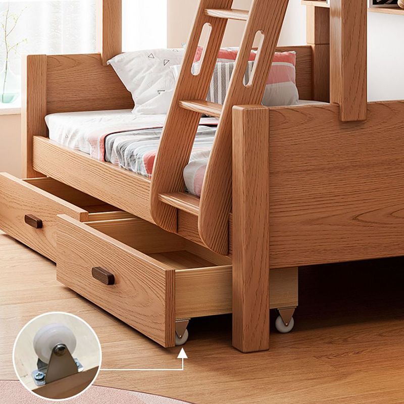 Scandinavian Solid Wood Bunk Bed Panel Brown Beech Kids Bed with Guardrail