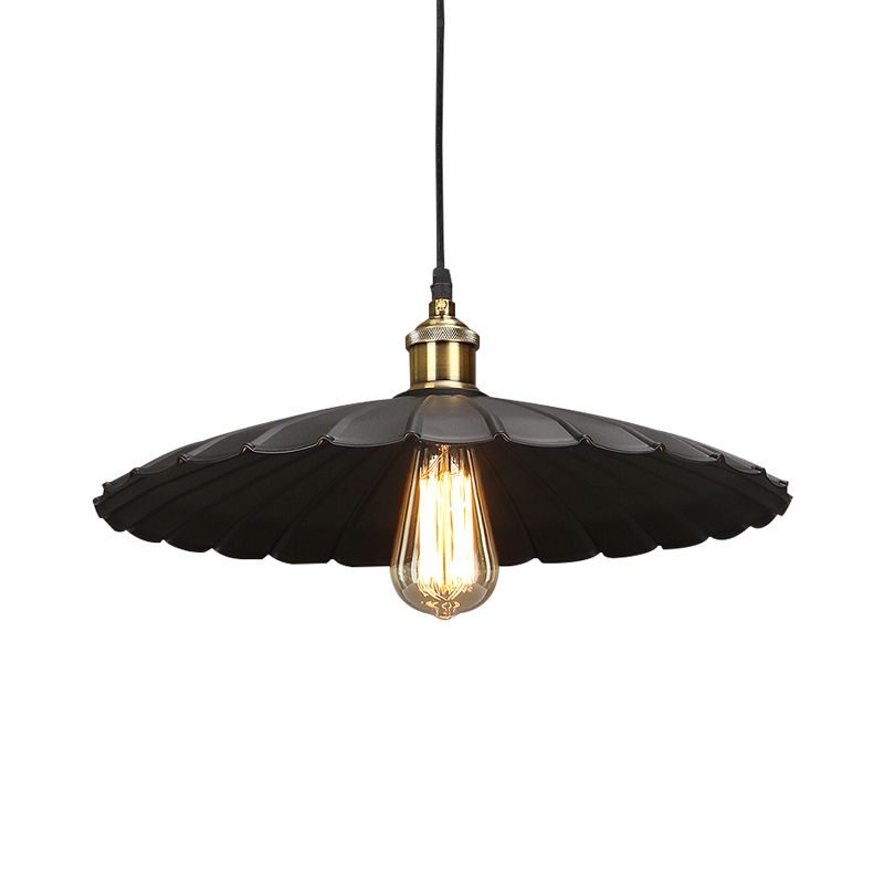 1-Light Hanging Ceiling Light Warehouse Dining Room Pendant Lamp with Scalloped Metal Shade in Black