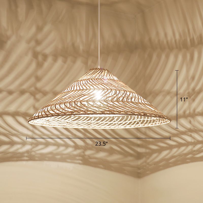 Cone Shaped Suspension Light Simplicity Rattan 1-Light Restaurant Pendant Light in Wood