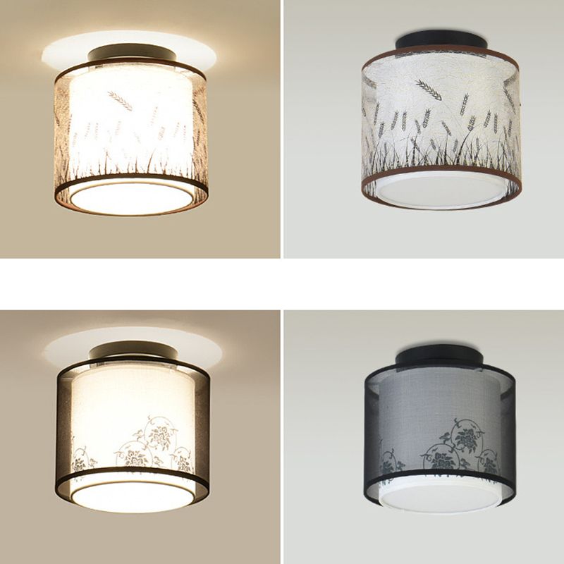 1-Bulb Ceiling Flush Mount Vintage Hallway Flush Lamp with Double Fabric Shade in Black