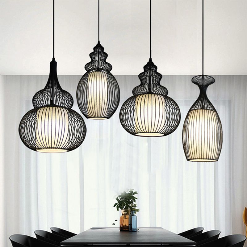 Cage Metal Pendant Lighting Industrial 1 Head Restaurant Ceiling Suspension Lamp in Black