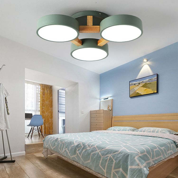 LED Nordic Creative Semi Flush Mount Ceiling Light Circle Shade Wooden Ceiling Mounted Light for Bedroom