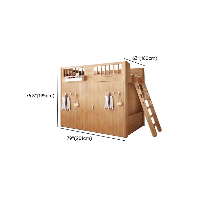 Scandinavian Wood High Loft Bed Natural Bunk Bed with Stairway and Storage