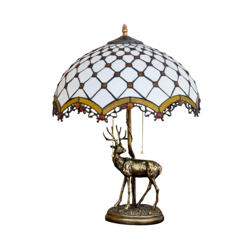 Wave-Edge Crisscross Shade Table Light 2-Head Yellow-White/Blue-Brown Tiffany Pull-Chain Night Lamp with Deer Base