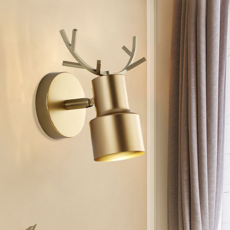 1-Light Bedroom Wall Lamp Macaron Gold Antler LED Wall Light Fixture with Dual Drum Metal Shade