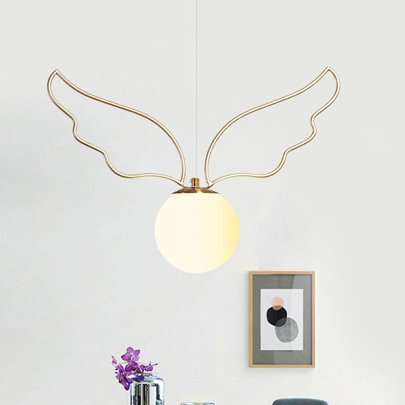 Frosted Glass Ball Pendulum Light Modern 1-Head Gold Hanging Lamp Kit with Wings/Bowknot/Loving Heart Design