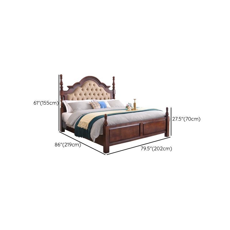Brown Wood King Bed Tufted Nailhead Upholstered Bed Frame with Headboard