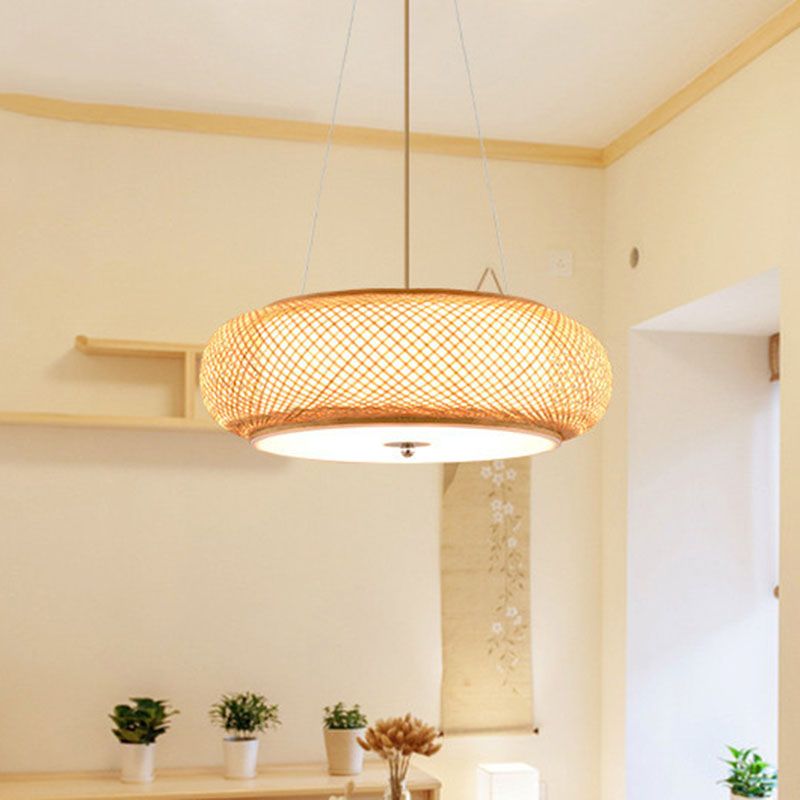 Round Hanging Light Fixture Asia Bamboo 1 Bulb Living Room Ceiling Pendant in Wood