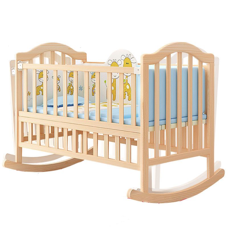 Solid Wood  Baby Crib Convertible Nursery Bed with Casters and Guardrail