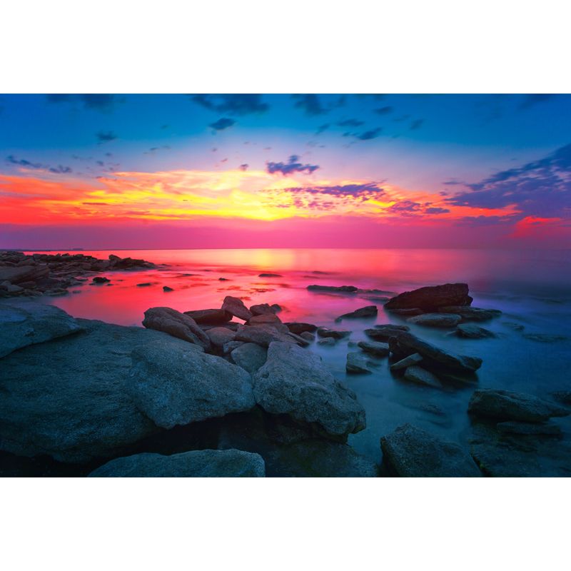 Big Tropical Wall Paper Mural Blue-Pink Coastal Rock with Evening Glow Wall Art, Custom-Made