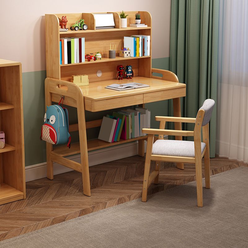 Wood Writing Desk with Storage Shelves Lifting Kids Desk and Chair