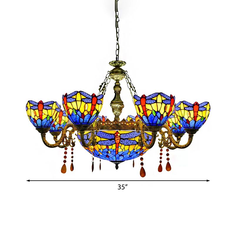 Chandeliers for Living Room, Dragonfly Pendant Ceiling Lamp with Stained Glass Shade and Amber Crystal Decoration