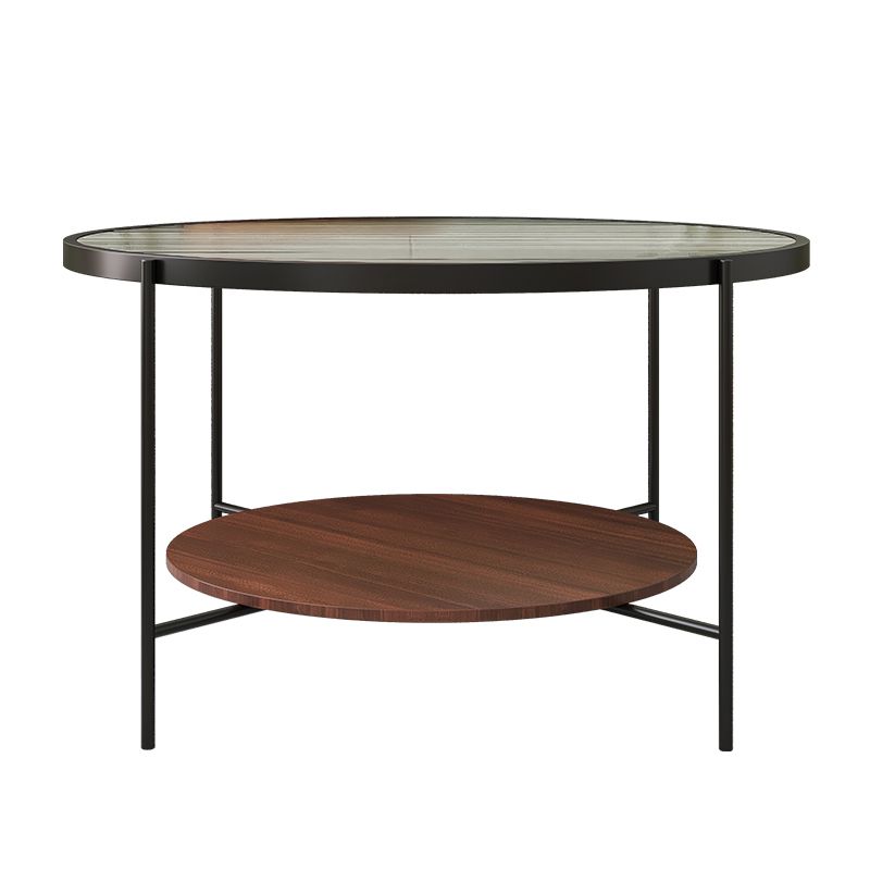 Contemporary Round Glass Top Coffe Table with Wooden Shelf 1 Piece