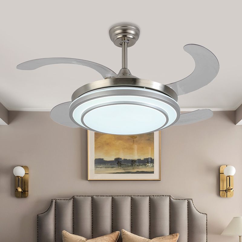 36 "W Nickle Circle hangerse ventilatorverlichting Moderne metalen LED Slaapkamer Semi Flush Mount Light met 4 messen, afstandsbediening/frequentieconversie en afstandsbediening