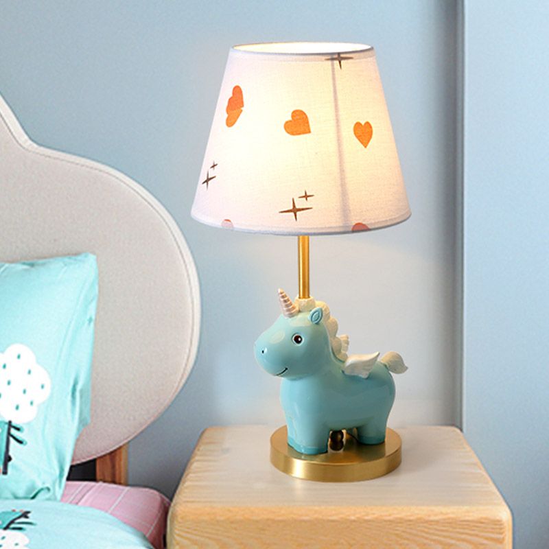 Sika Deer/Unicorn Bedside Table Lamp Resin Single Kids Night Light in Pink/Blue with Tapered Fabric Shade