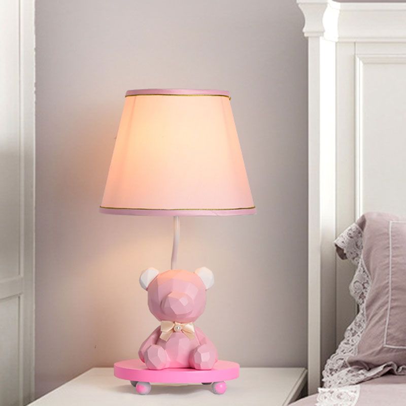 Barrel Shade Bedside Table Lamp Fabric 1 Bulb Cartoon Bear Nightstand Lighting in Blue/Pink