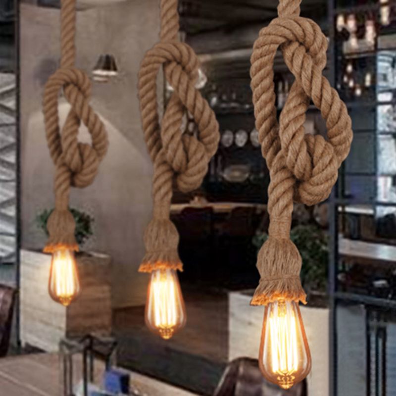 Industrial Exposed Bulb Pendant Light 1 Light Hemp Rope Hanging Lamp in Beige