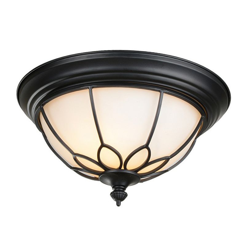 2 Bulbs Flush Mount Lighting Retro Floral Iron Flush Mount Ceiling Light with Bowl Opal Glass Shade in Black