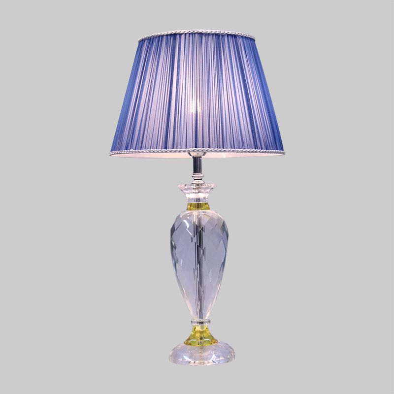 Modern 1 Head Table Lamp Blue Barrel Night Lighting with Urn-Shaped Crystal Base for Bedroom