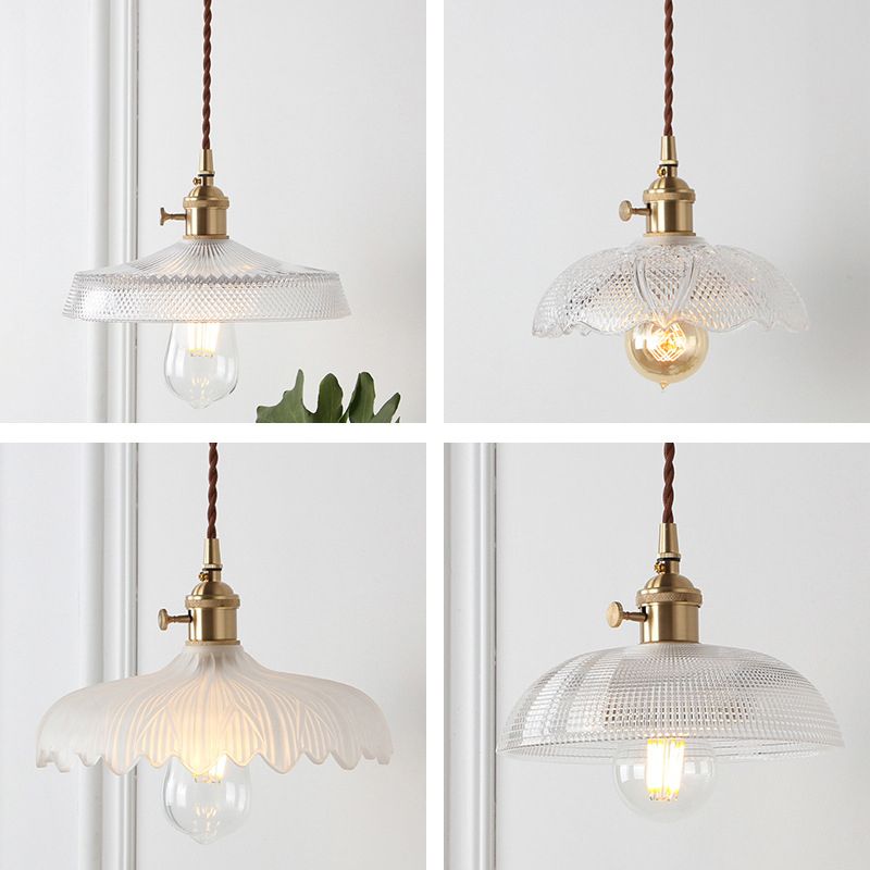 Loft Style Shaded Pendant Light Kit 1-Head Carved Glass Suspension Lighting in Brass