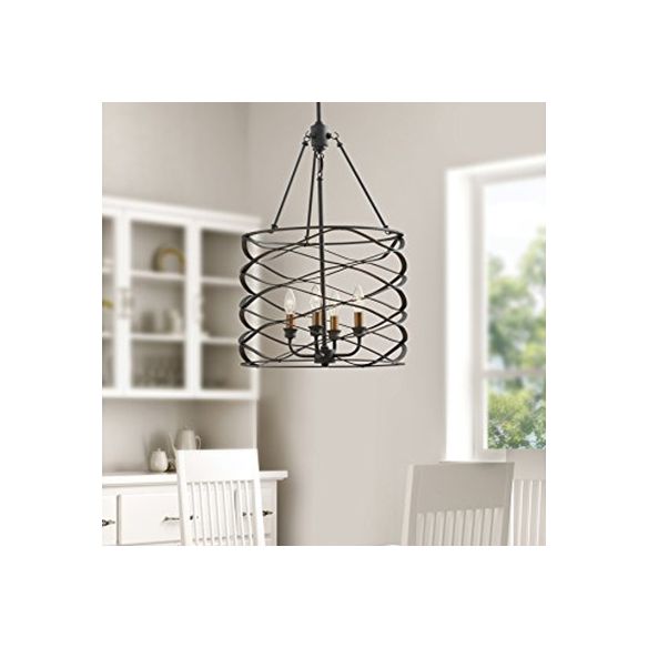 Black Cylindrical Hanging Lamp with Cage Shade Industrial Iron 4 Bulbs Dining Room Chandelier Light Fixture