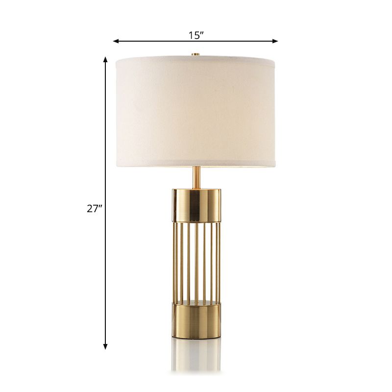 Drum Fabric Desk Lamp Traditional 1 Light Bedroom Reading Light in Brass with Cylinder Base