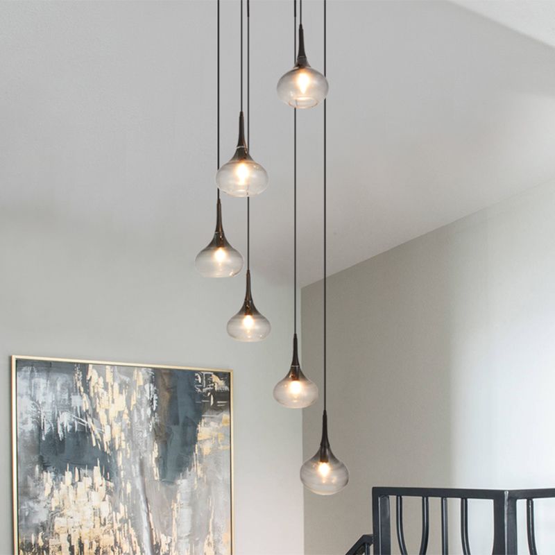 Teardrop Shaped Multi Pendant Modern Ombre Smoke Glass 6-Bulb Staircase Ceiling Hang Light