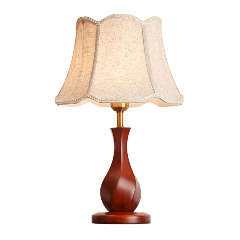 Countryside Flared Night Stand Light 1 Bulb Fabric Table Lamp with Scalloped Trim in Flaxen/Beige