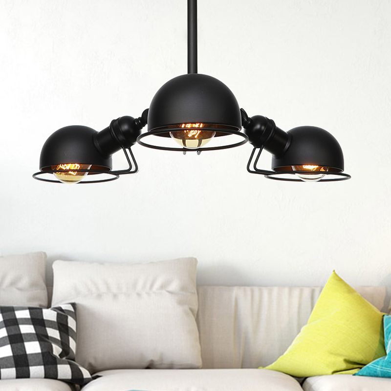 Domed Metallic Pendant Lighting Industrial Style 3 Bulbs Black/Brass Finish Chandelier Light with Wire Frame