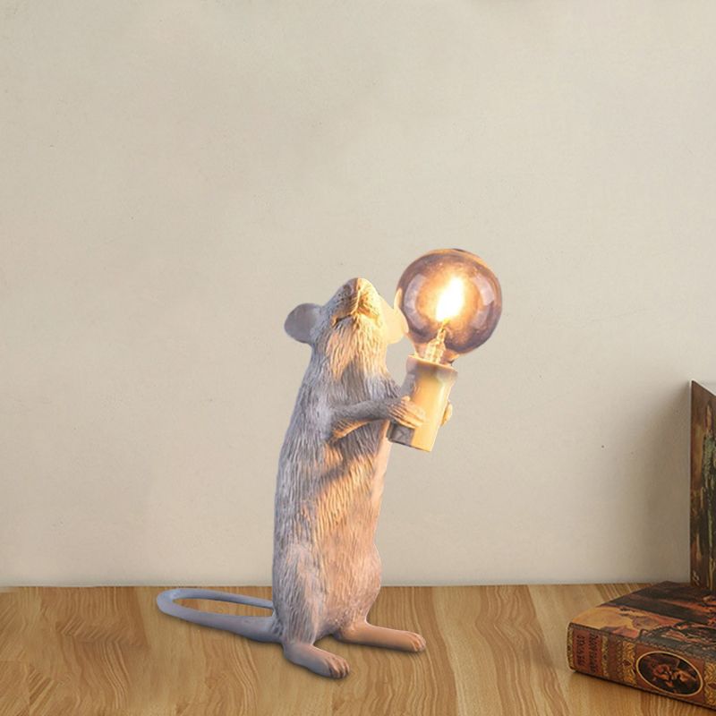 Resin Servant Mouse Night Light Kids Novelty 1 Bulb White Table Lighting for Bedside