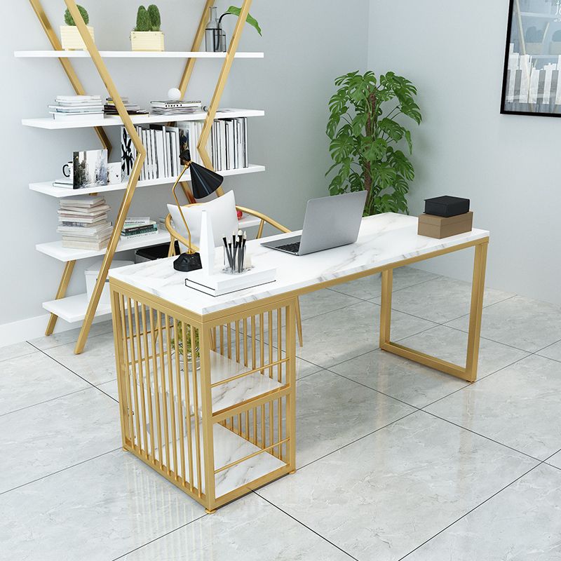 Glam Style Writing Desk Rectangular Marble Office Desk with Metal Base