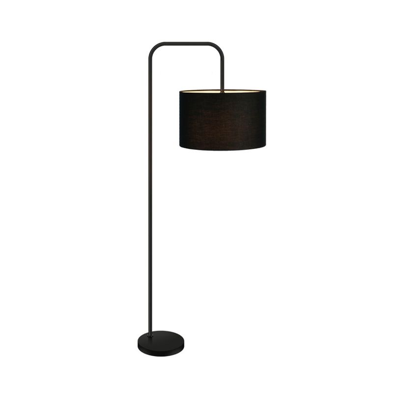 Black Drum Shade Reading Floor Light Simplicity Single Fabric Floor Lamp with Right Angle Arm