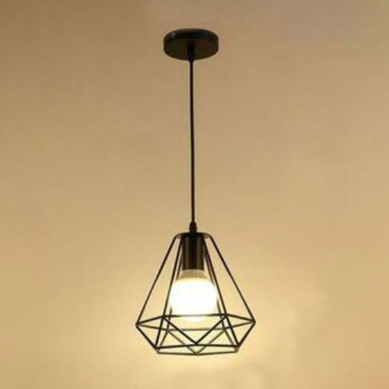 Diamond Shaped Metal Cage Hanging Light Single Bulb Industrial Style Coffee Shop Hallway Pendant Lamp